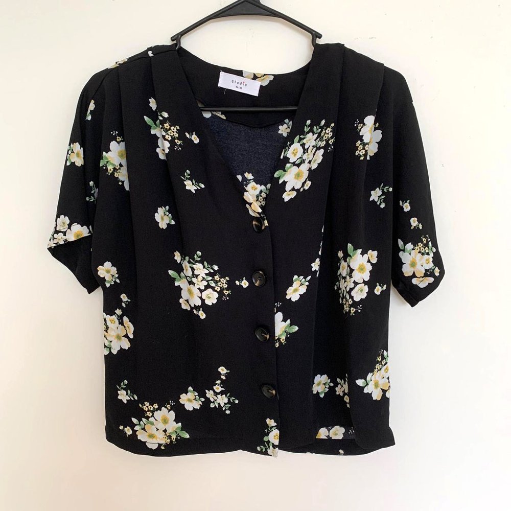 Eloise Woman V Neck Black Floral Pattern Blouse XS - Picture 2 of 5